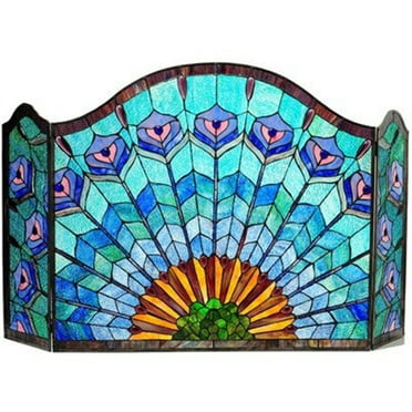 CHLOE Lighting REGAL EUDORA Tiffany-glass 3pcs Folding Peacock Fireplace Screen 48" Wide