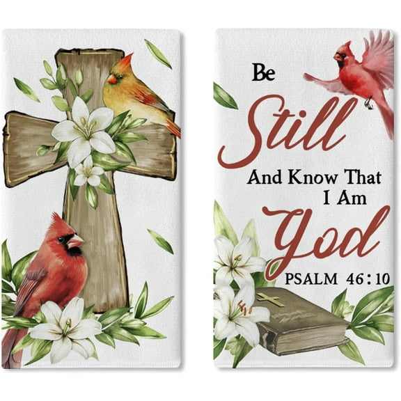 Christian Cardinal Kitchen Dish Towels Set of 2, Religious Cross Red Birds Drying Hand Towel Baking Cooking Cloth, Lily Flowers Holy Bible Home Decoration 16 x 24 Inches