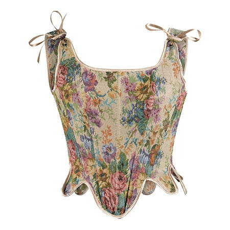 Women s Bustiers & Corsets White Corset Tops for Women Plus Size Tops for Women Women Casual Sexy Eyelet Lace-up Sunflower Print Fishbone Court Vintage Corset Straps Tank Top