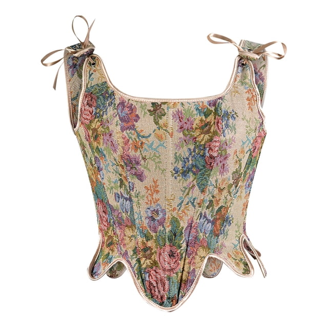 Mujeres Casual Sexy Ojal con cordones Girasol Estampado Fishbone Court Vintage Corset Straps Tank Top Fridja nalpqowj29093