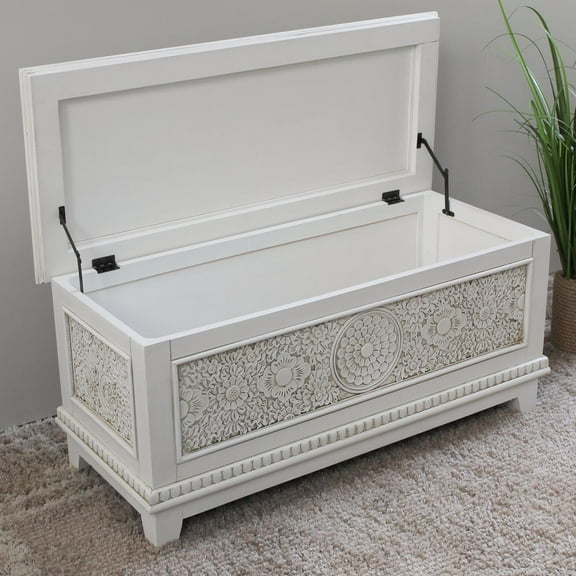 International Caravan Windsor Carved Storage Trunk Bench in White
