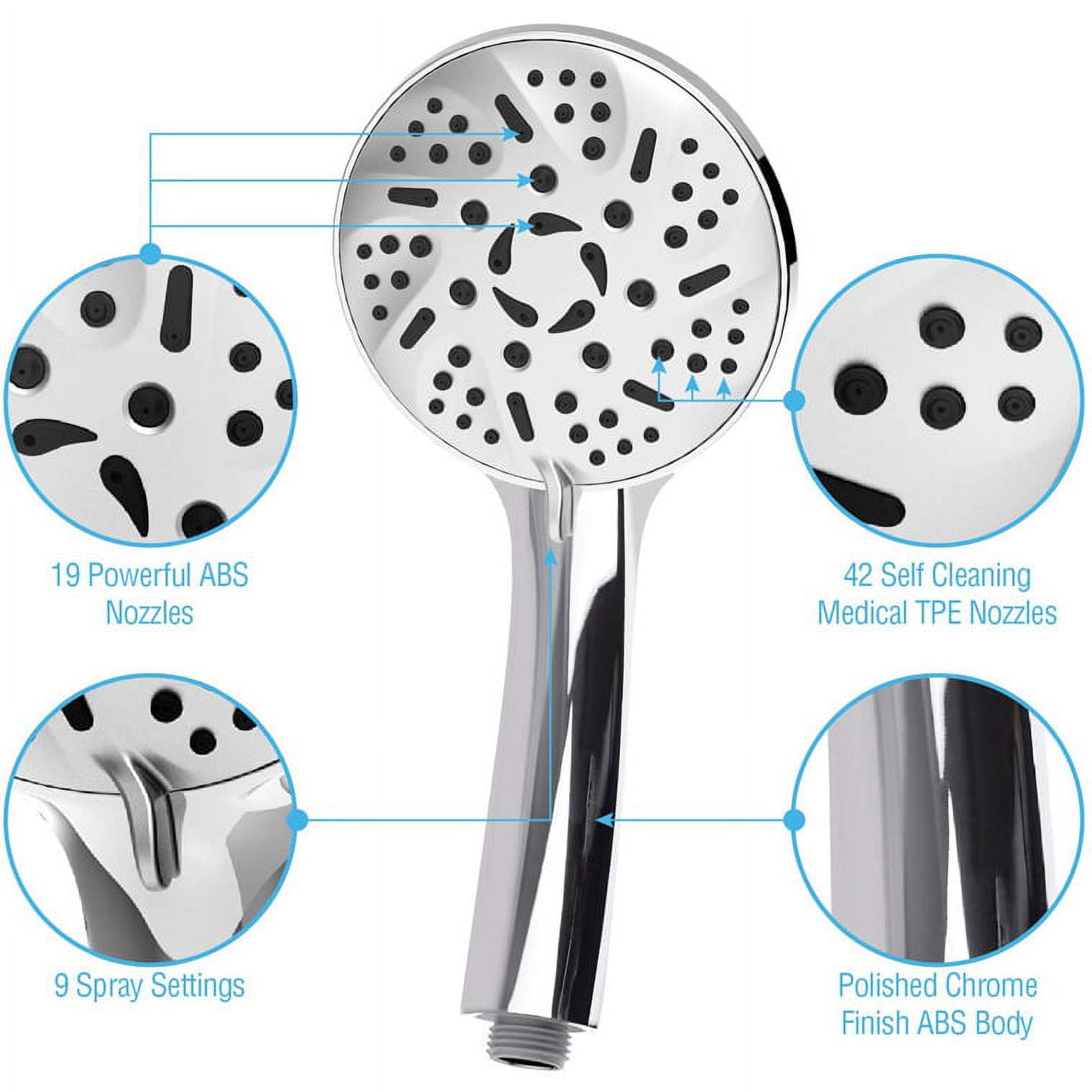 AQwzh High Pressure Handheld Shower Head – 9 Spray Modes with 60 Inch Hose (Chrome)