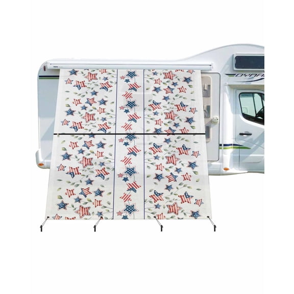 4th of July RV Awning Sun Shade Screen 9'X7' Patriotic StarsUSA Flag Mesh Sunscreen Green Leaves Awning Shade Screen with Zipper UV Blocker Completed Kits for RV Motorhome Camper Travel