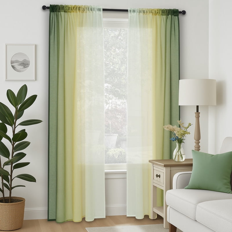 Topfinel YellowGreen Faux Linen Ombre Sheer Curtains,Semi Voile Gradient Rod Pocket Curtains for Bedroom and Living Room, Set of 2 Window Curtain Panels, 54 x 84 Inch Long