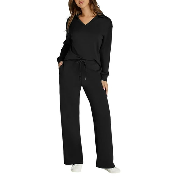 Womens Fashion Two Piece Suit - Padded V Neck Top & Trousers, Solid Color Casual Outfit for Autumn/Winter