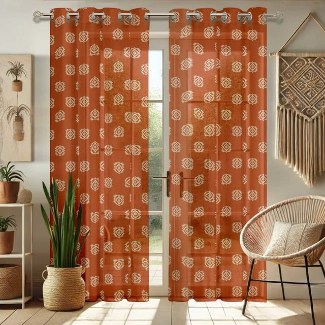 Vargottam Geometric Pattern Extra Long Sheer Curtains for Double Height Windows & Doors Set of 2 Panels, 108" Length, Grommet Top, Light Filtering Printed Georgette Drapes