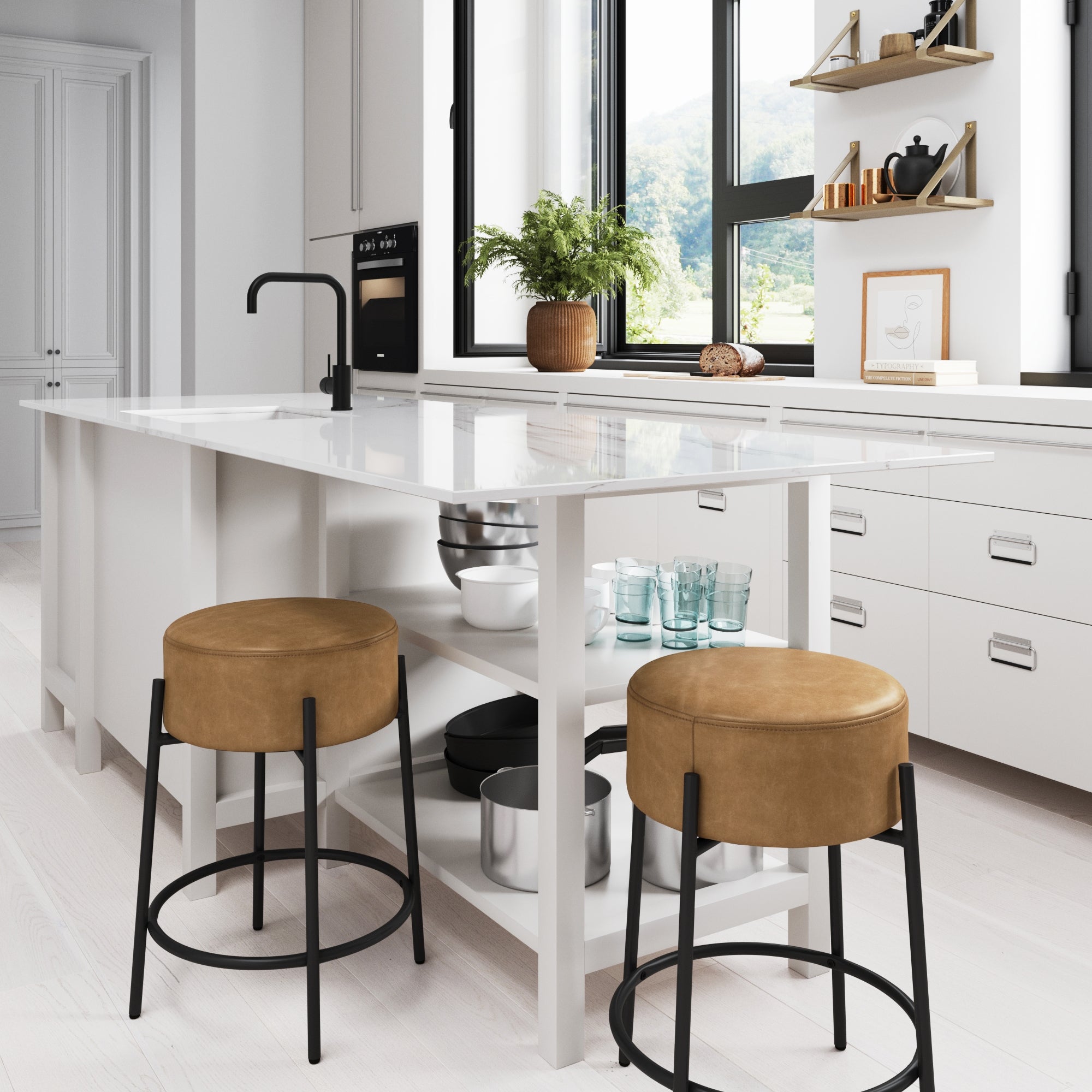 Nathan James Isaac Modern Backless Bar Stool with Round Soft Padded Upholstered Seat and Metal Mid-Century Base, PU Light Brown/Black