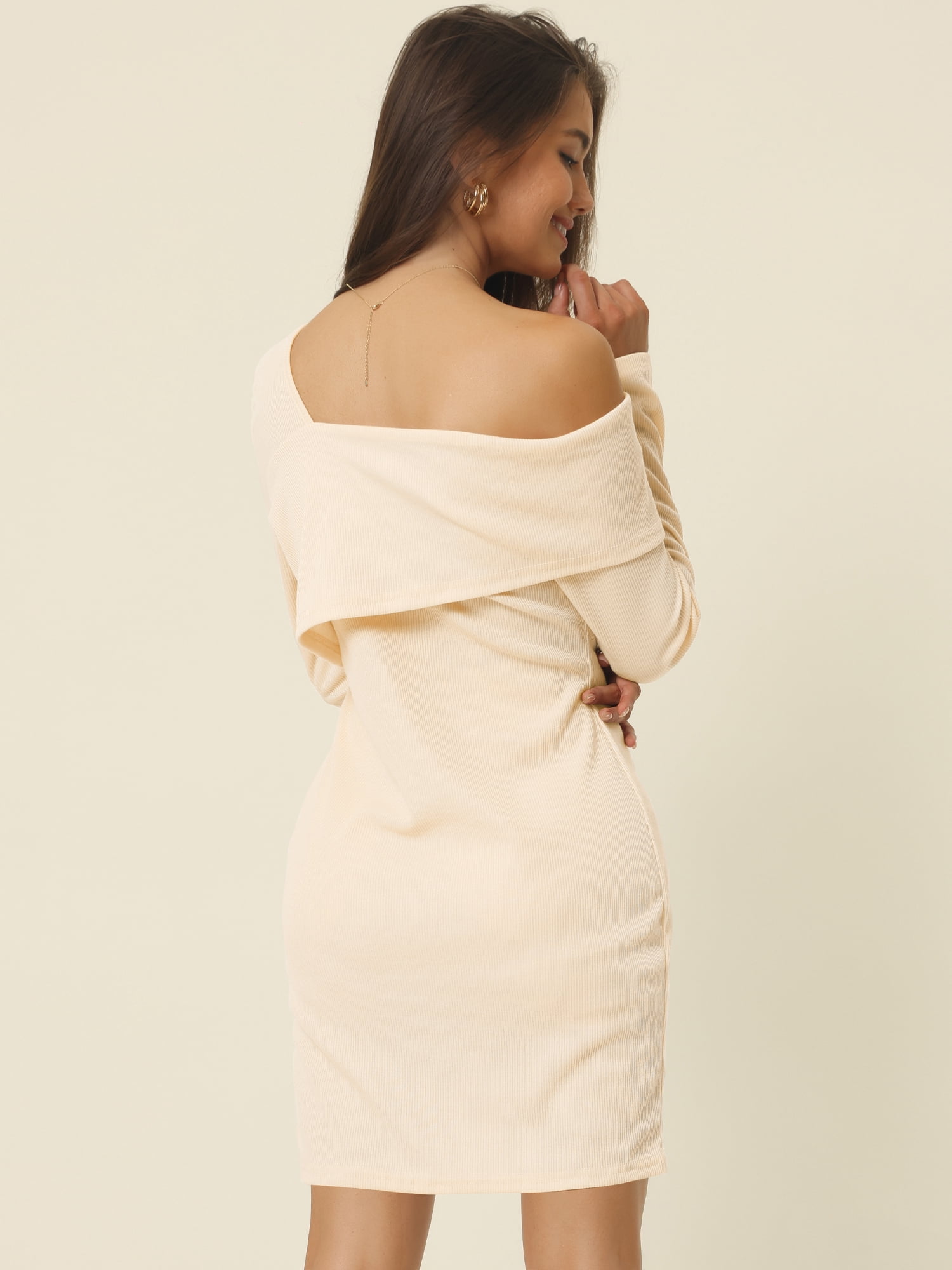 Unique Bargains Women's 2023 Elegant Long Sleeve Off Shoulder Bodycon Mini Dress S Beige