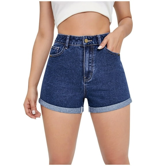 Women's High Waist Denim Shorts Loose Slim Fit - Solid Color, XS-XL