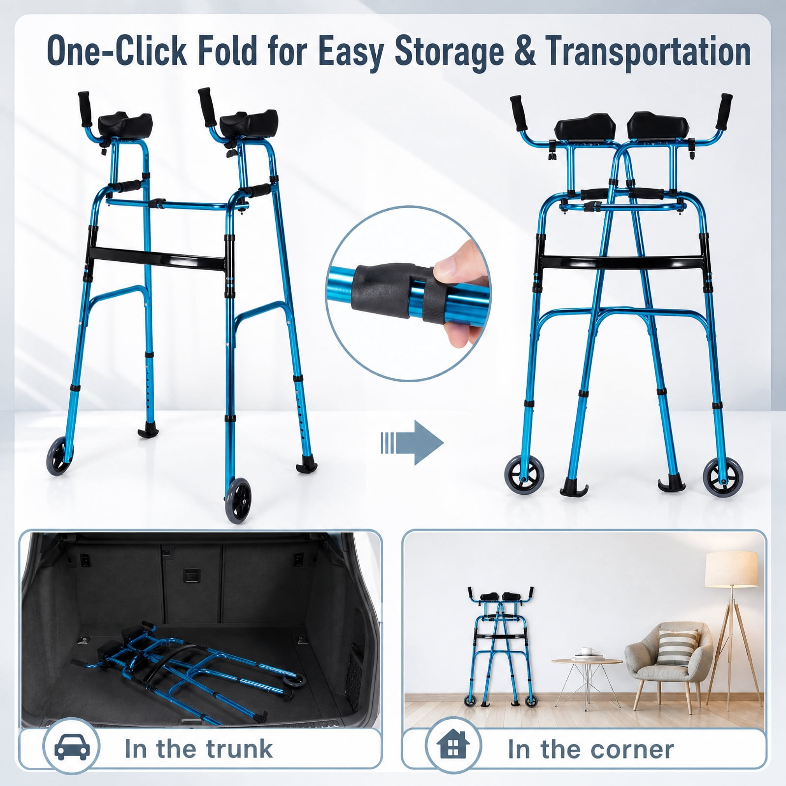 SUGIFT Folding Adjustable Walking Frame with Wheels and Armrest Support, Lightweight Aluminum Mobility Walker with Padded Forearm Rests for Seniors, Navy