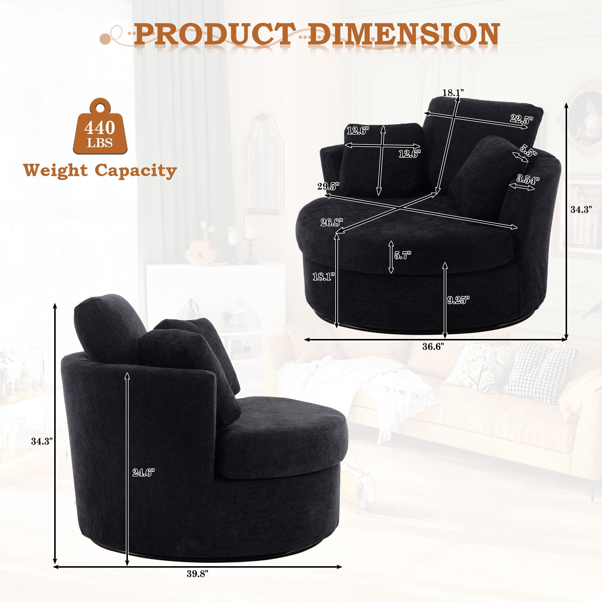 Muumblus Oversized Barrel Swivel Accent Chair Set of 2, Comfy Armchair with 3 Pillows, Modern Chenille Fabric Leisure Sofa Chair for Living Room, Bedroom, Black