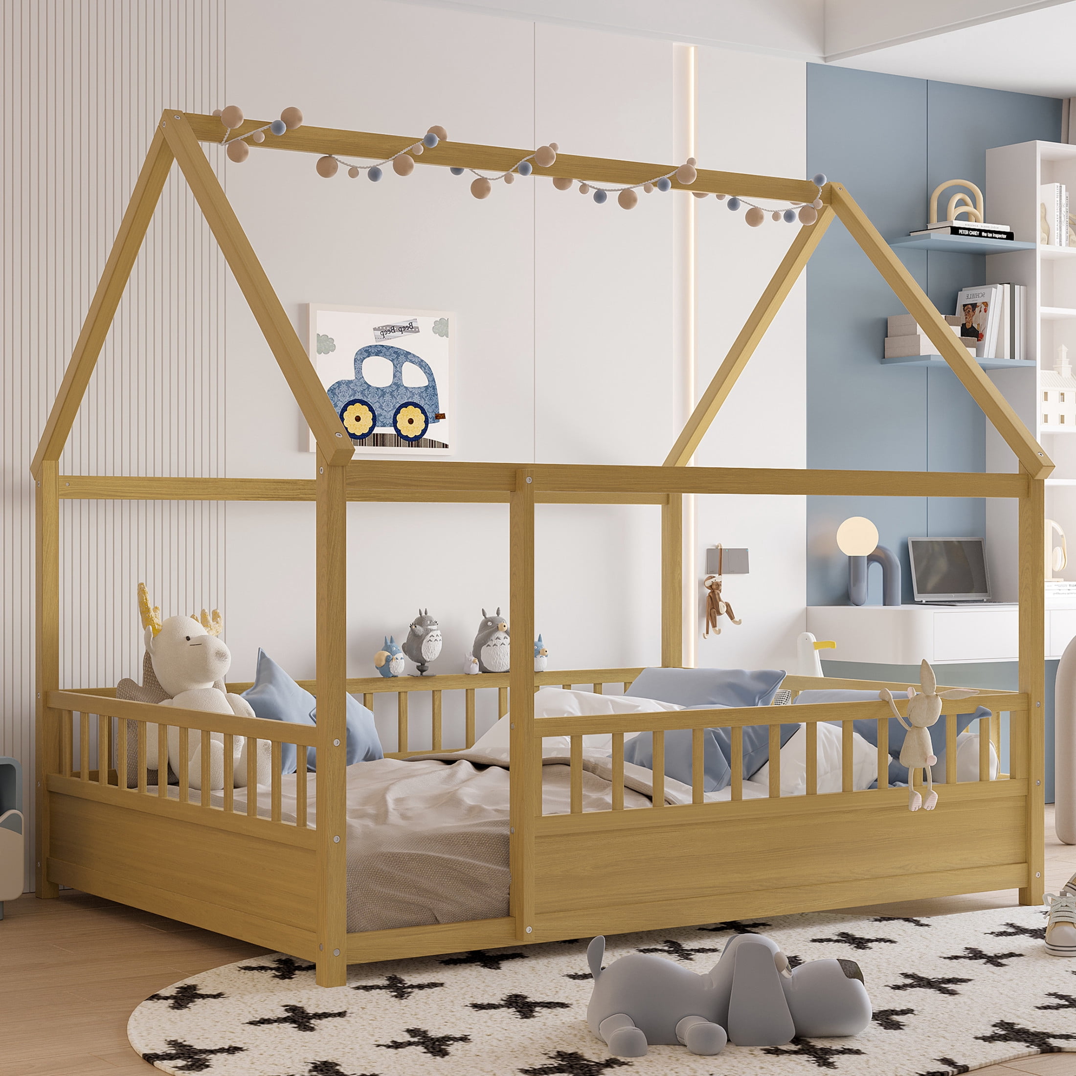 Noble House Full Size Floor Bed with House Roof Frame and 20" Safety Guardrails, Natural