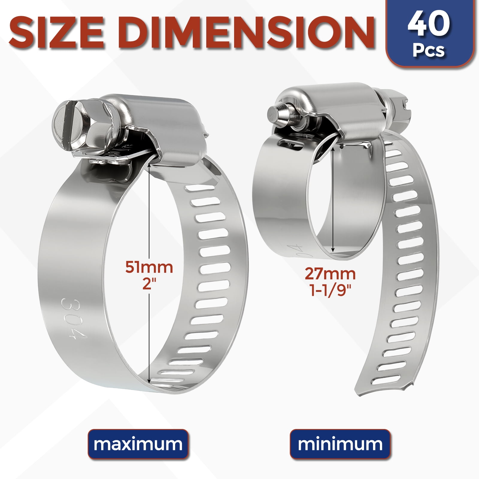 Uxcell 40Pcs Stainless Steel Hose Clamps, Adjustable 1-1/9" to 2" (27-51mm) Heavy Duty Worm Gear Hose Clamp Assortment Kit, Metal Fuel Line Clamping for Radiator, Dryer Vent