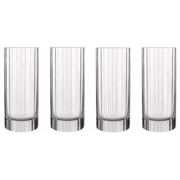 Set of 4 Highball Glasses Ribbed Crystal 16.5 Oz. Drinking Glass, for Cocktails, Water, Juice, Made in Italy.