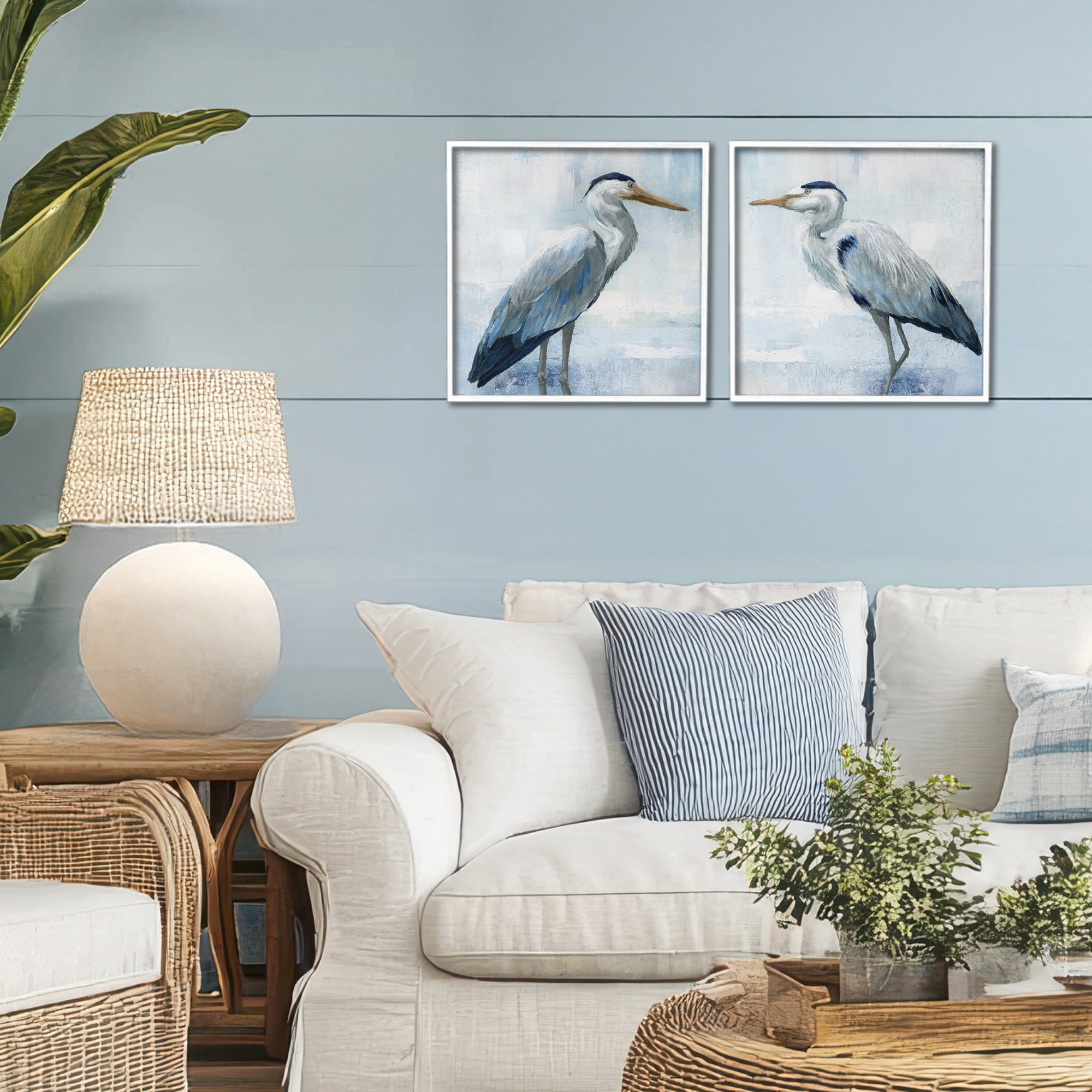 Stupell Industries Faded Blue Coastal Herons 2 Piece White Framed Giclee Art Set, design by Nan