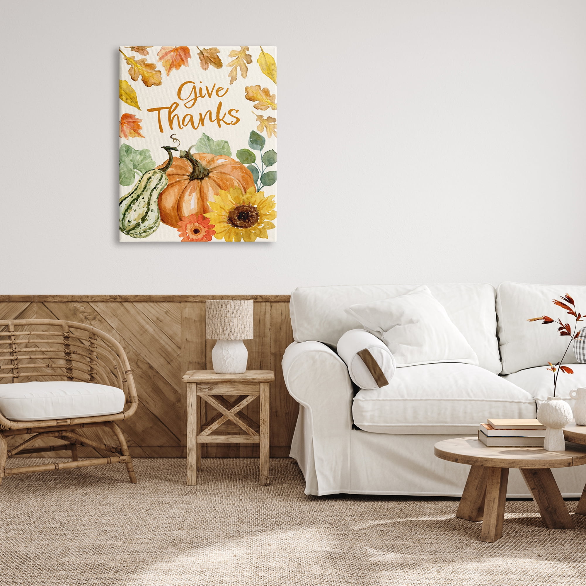 Give Thanks Harvest Gourds Leaves Autumnal Border Botanical & Floral Graphic Art Gallery-Wrapped Canvas Print Wall Art
