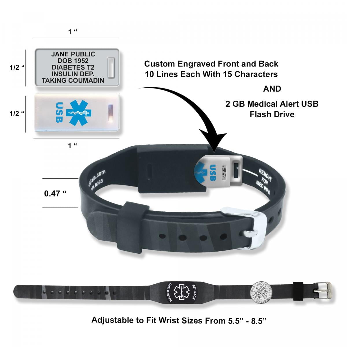 Elite II USB PLUS Medical Alert ID Bracelet Waterproof Silicone Wristband 2GB Waterproof Flash Drive, 10 lines Customized Laser Engraving, Medical Alert Card. Complimentary Access PHR (Gradient Gray)