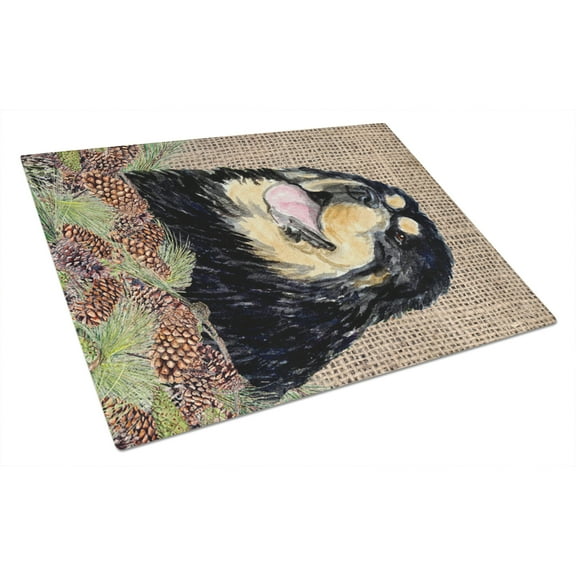 Carolines Treasures SS4101LCB Tibetan Mastiff on Faux Burlap with Pine Cones Glass Cutting Board Large, 12H x 16W,