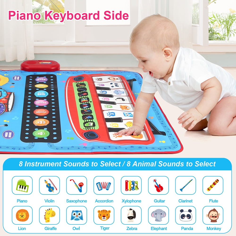 TIANLAIMEI Baby Musical Playmat, 36"x28" Drum Mat, Piano Mat with Animal Sounds, Floor Keyboard Music Dance Touch Playmat, Adjustable Volume & Record for 1-5 Years Old Toddlers