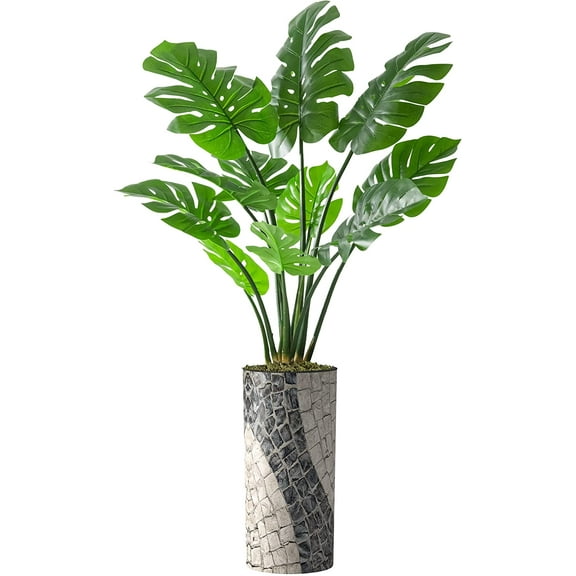 Artificial Tree in Geometric Pattern Planter, Fake Monstera Silk Tree for Indoor and Outdoor Home Decoration - 65" Overall Tall (Plant Pot Plus Tree)