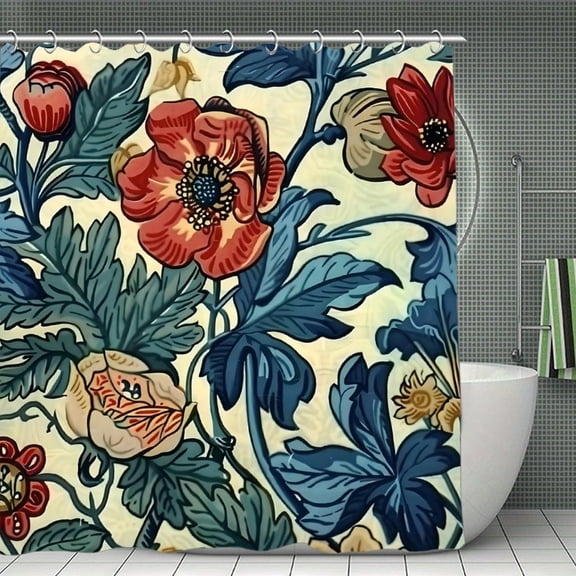 Red Poppy Blue Leaves Print Shower Curtain,Modern Fabric Waterproof Shower Curtain Set with Hooks,70.8×70.8Inch