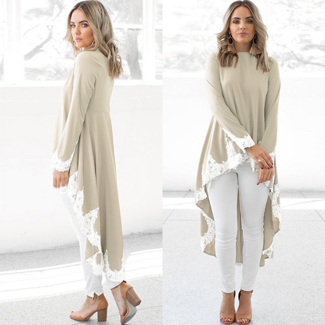 Casual Mujer Otoño Vestido Kaftan Irregular Dobladillo de encaje Empalme Mangas largas O Cuello Abanopi Vestido