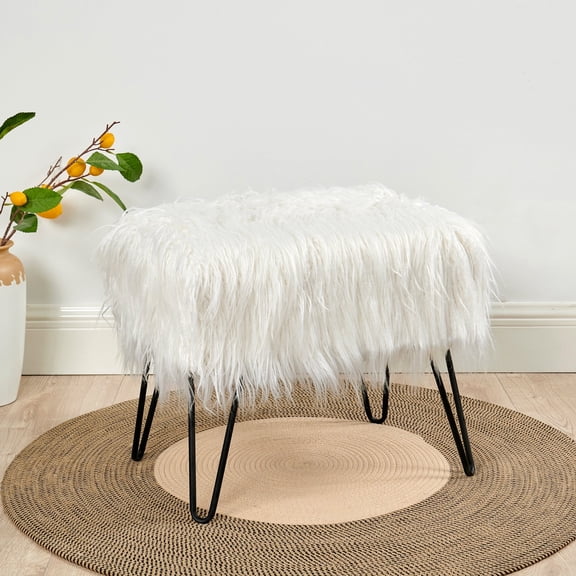 Home Soft Things Mongolian Faux-Fur Ottoman with Black Metal Legs, Antique White - 19" x 13" x 17"