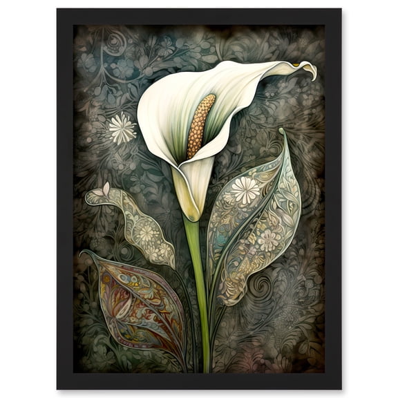 Calla Lily Flower Bloom with Batik Style Patterns Artwork Framed Wall Art Print A4