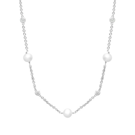 1/6 ct Diamond and Freshwater Pearl Station Necklace in Sterling Silver