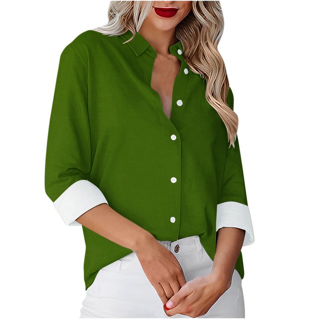 Besolor Button Down Shirts for Women Solid Color Long Sleeve Colared Tops Loose Office Blouses for Casual Work