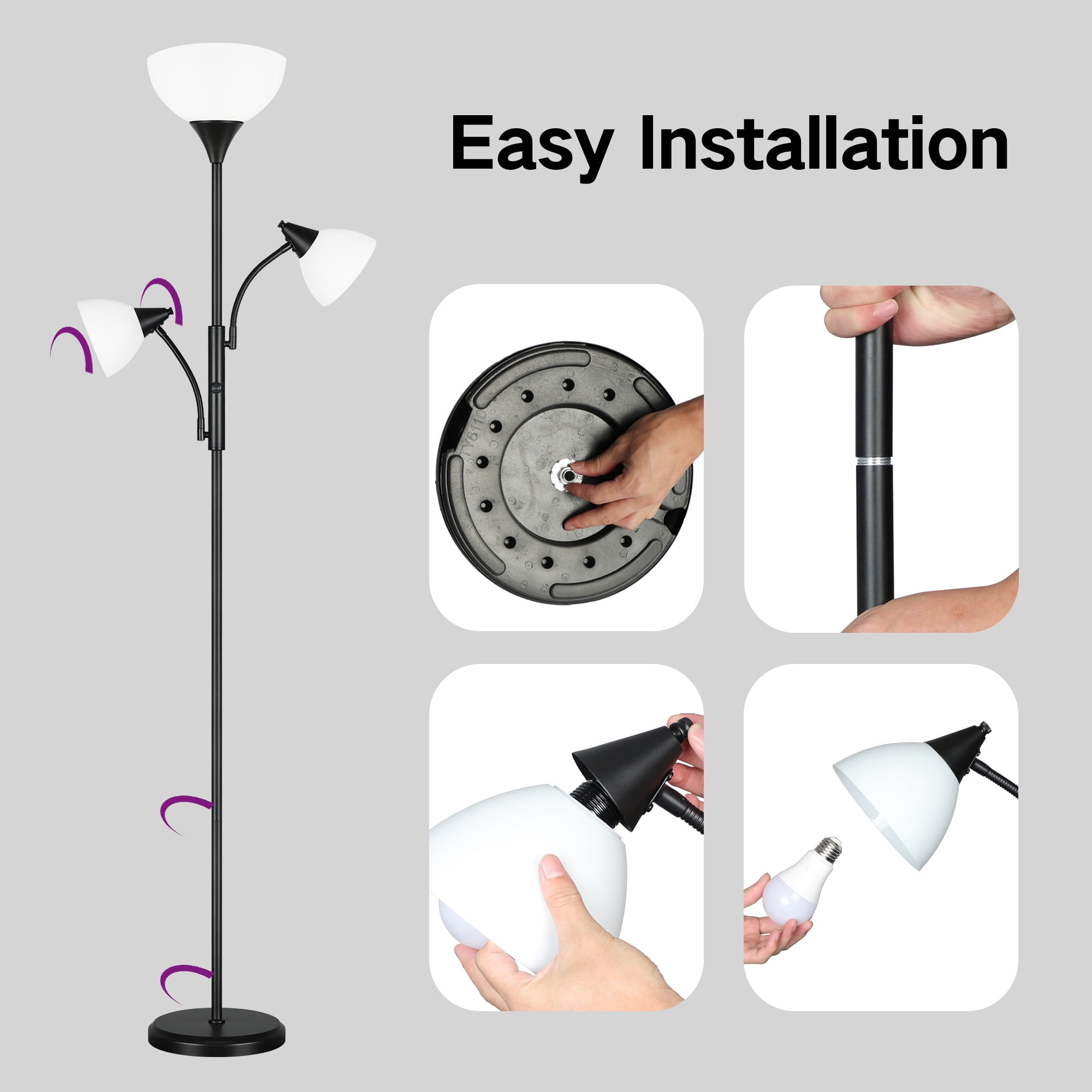 OUTON Torchiere Floor Lamp with Reading Light for Living Room, LED Standing Lampwith Remote Control for Bedroom, Modern Tall Reading Light, Black