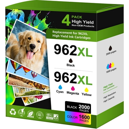 962XL Ink Cartridges Compatible with HP 962 XL OfficeJet Pro 9015 9025 9020 9010 9018 9012 9026 9019 9014 9027 (Black, Cyan, Magenta, Yellow) 4 Pack