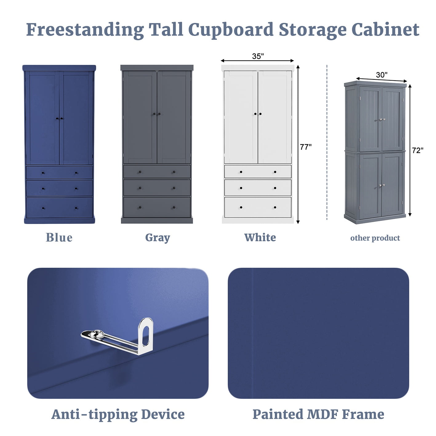 PAPROOS 77" Tall Kitchen Pantry Cabinet, Wood Pantry Storage Cabinet with 3 Drawers, 2 Doors, Farmhouse Cupboard Storage with 3 Adjustable Shelves, 8 Door Shelves for Dining Room, Craft Room, Blue