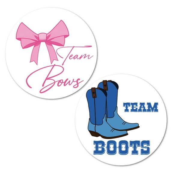 40 Team Bows Team Boots Gender Reveal Stickers, 2 Inch Big Round Glossy Labels, Pink and Blue Decals, Great for Baby Shower Party Favors, Boy or Girl Tags, Games And Supplies. Made in USA