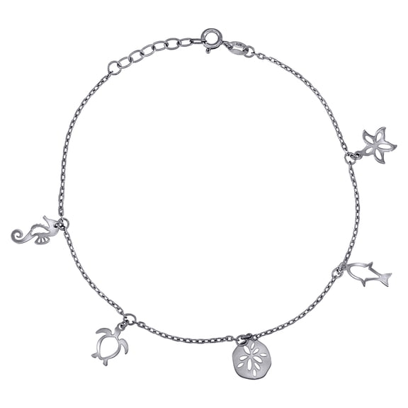 925 Sterling Silver Womens Ocean Life Charms Anklet 10 Inch Anklet for Women - 3.0 Grams