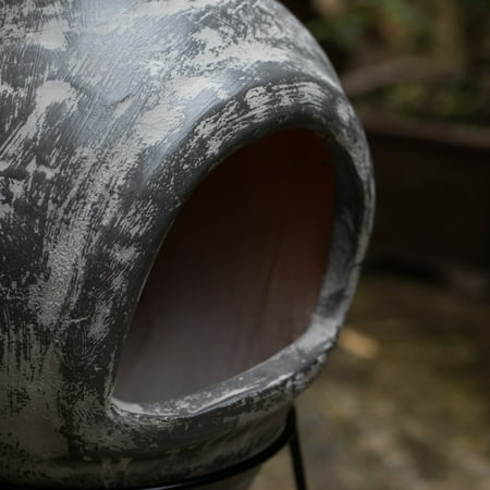 Gray Outdoor Clay Chiminea Fireplace Stoney Scribbled Design Charcoal Burning Fire Pit with Sturdy Metal Stand,