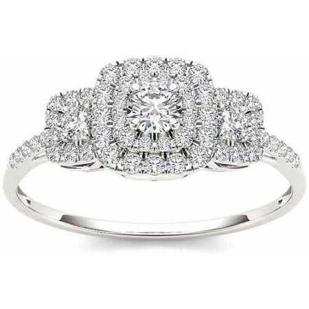 1/2 Carat T.W. Diamond 10kt White Gold Double Halo Three-Stone Look Engagement (Best Looking Engagement Rings)