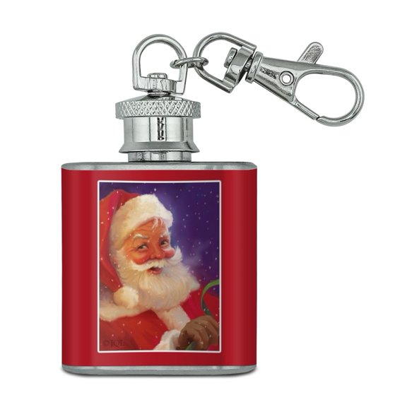 Christmas Holiday Santa Snow Flurries Stainless Steel 1oz Mini Flask Key Chain