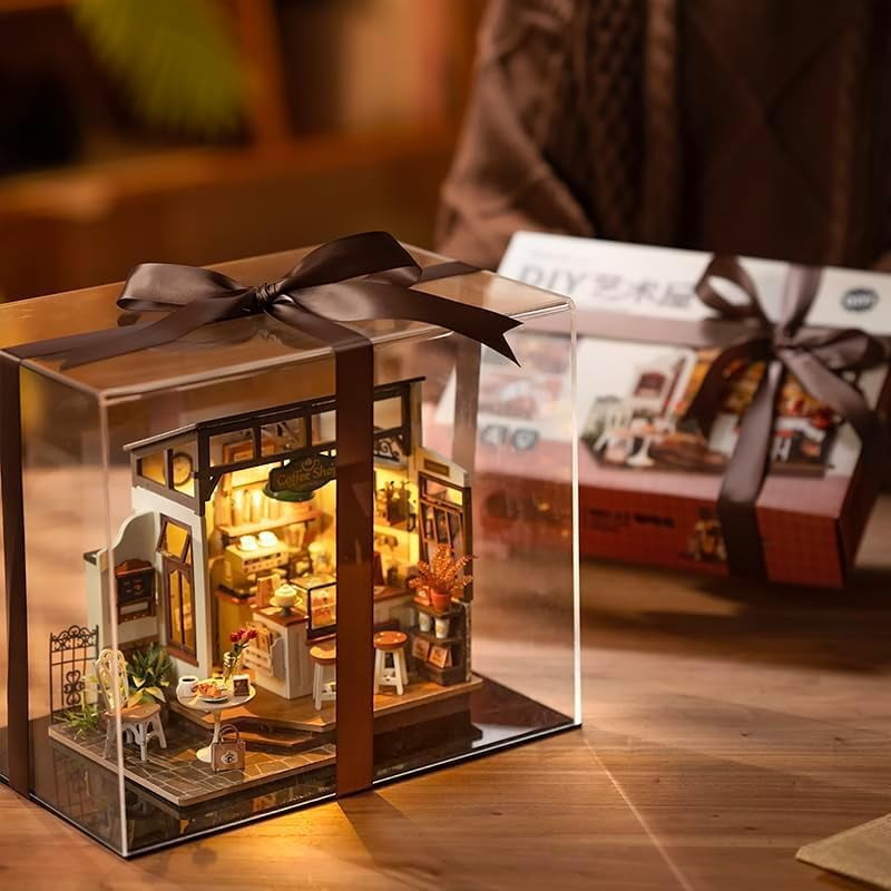 ROBOTIME DIY Miniature House Kit-Flavory Coffee Shop,Mini Wooden Dollhouse Model Building Sets for Home Decor,Tiny House Craft Kits Gifts for Teens Adults
