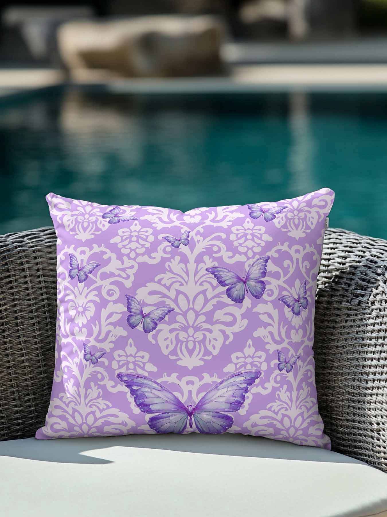 1 Pack Outdoor Throw Pillow, Purple Butterflies Flowers Waterproof Pillow with Insert Included, Boho Vintage Floral Botanical Decorative Accent Cushion Sofa Pillows for Patio Porch, 18 x 18 In