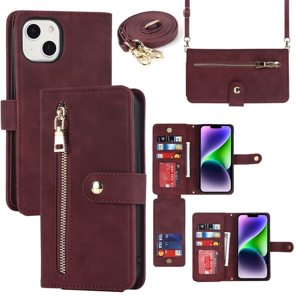 Feishell Compatible with for iPhone 14 Wallet Case Crossbody, Zipper Phone Case with RFID Blocking Card Holder Wrist Strap Leather Purse Gift for Women For iPhone 14, Winered