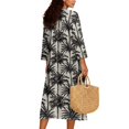thumbnail image 2 of COEQINE Vacation Dress Women's 3/4 Sleeve Wrap V-Neck Boho Midi Tunic with Linen-Like Texture, Loose Beach Dress, Lightweight & Packable, Size XL, Black Tropical Palm Tree, 2 of 6