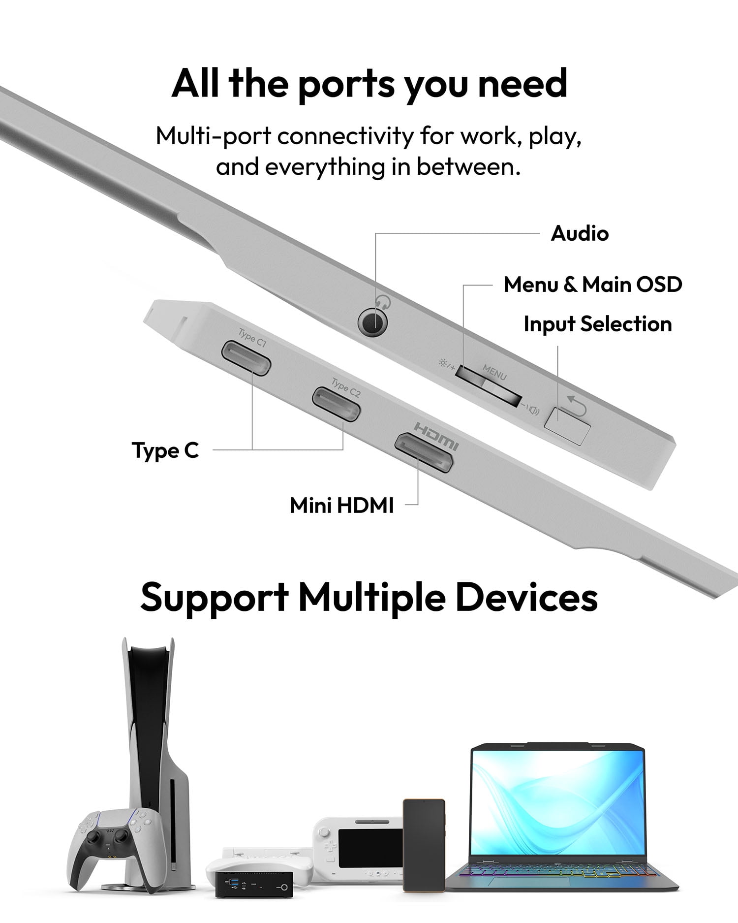Pixio PX160 Wave White Portable Monitor 15.6 inch 60Hz Refresh Rate FHD 1080p Resolution IPS panel HDR Screen Cover Stand USB-C HDMI Display for Laptop, PC, Console, Phone