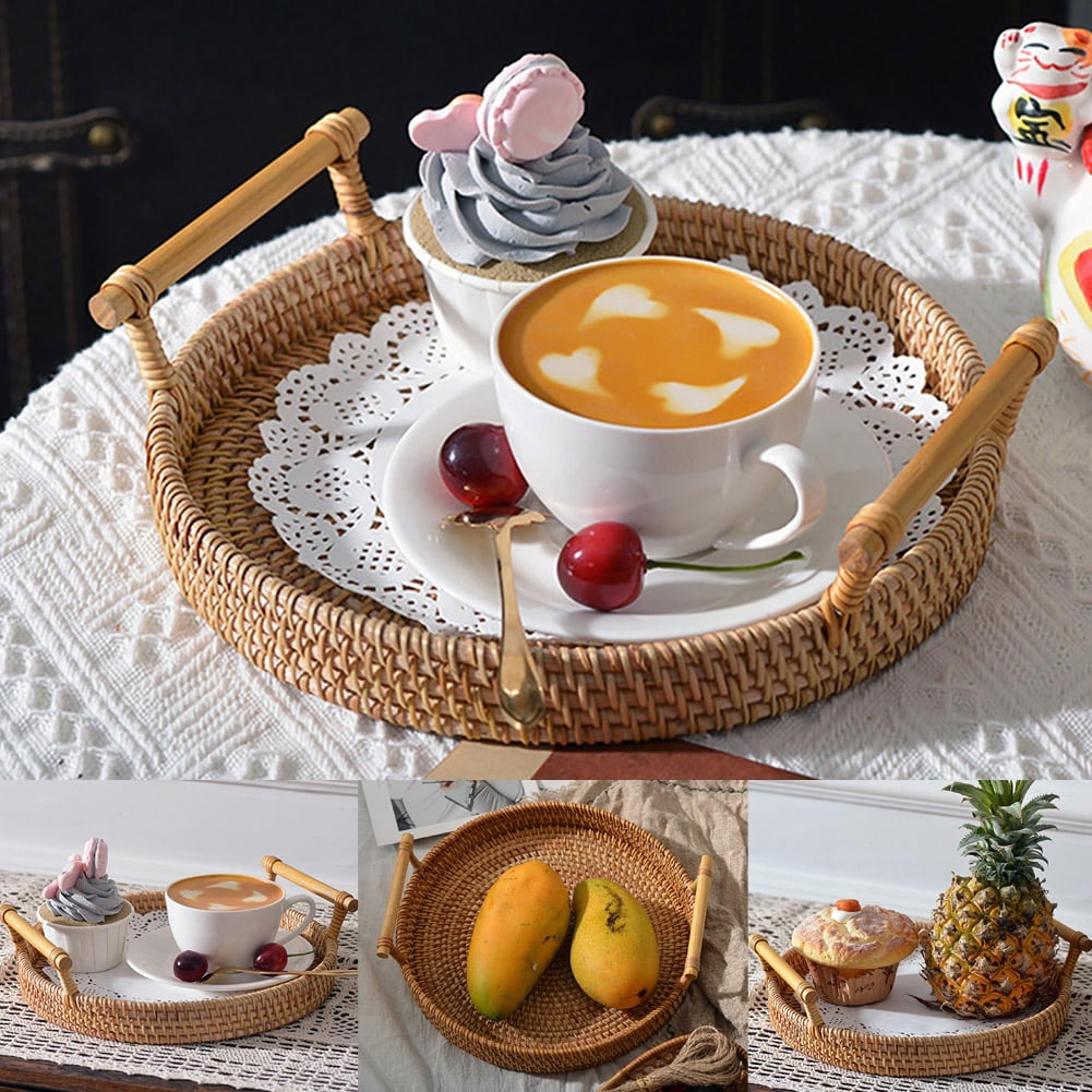 Travelwant Rattan Basket Round Coffee Table Tray Hand Woven Serving
