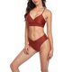 thumbnail image 5 of Traje de baño de dos piezas para mujer con tirantes ajustables y cuello en V, traje de baño de color puro para verano, rojo vino M, 5 of 8