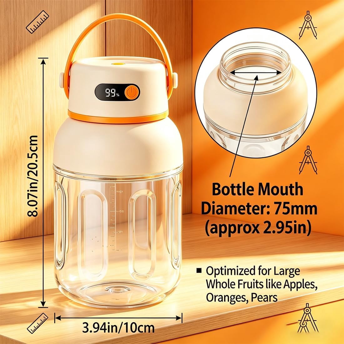 Portable Electric Juicer Cup with Zero Cord Hassle, Digital Display Portable Juicer Blender with 36 Stainless Steel Blades, USB-C Rechargeable Fruit Blender Cup for Travel, Gym, Office(1000ML)