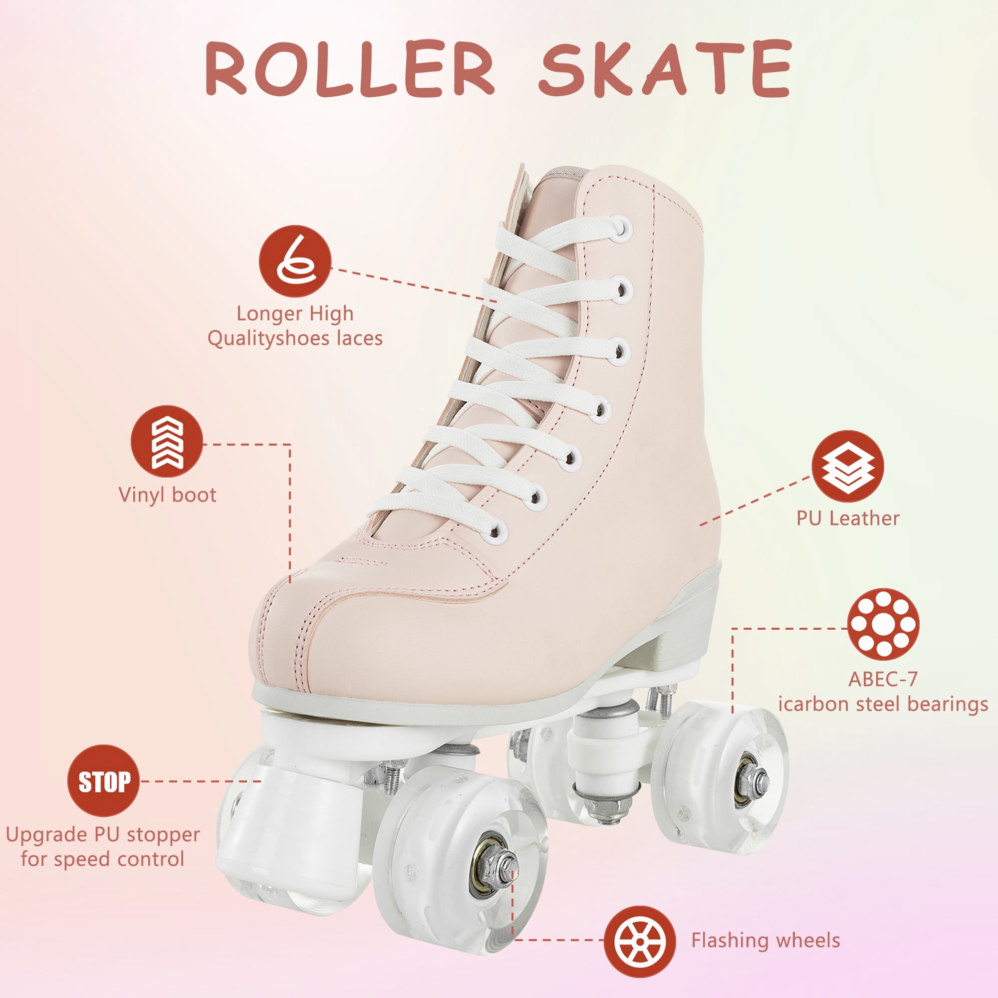 LPAMEOIU Teen Roller Skate with Light-up-Wheel, Quad Skate for Adult, Pink(Women 6.5/Men 5)