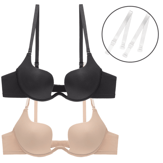 Womens Low Plunge Push Up Bra with Clear Straps Low Cut Convertible
