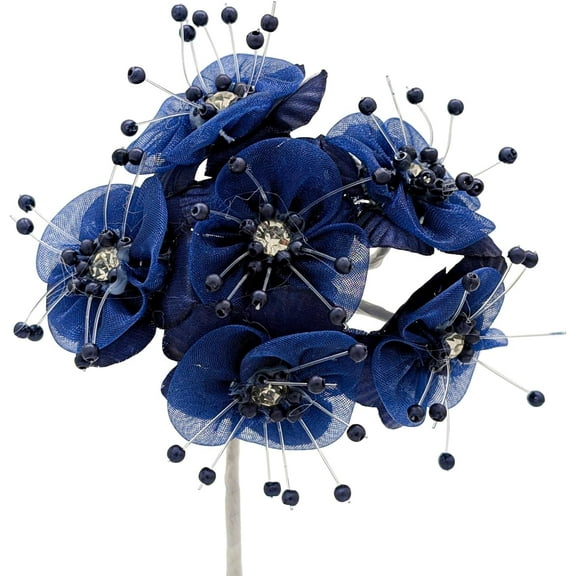 72PC Navy Blue Artificial Organza Flower Rhinestone Pick for Home Craft Decor DIY Wedding Bridal Veil Headband Dress Cake Topper Embellishment Scrapbook Favor Corsage Floral Bouquet Arrangement