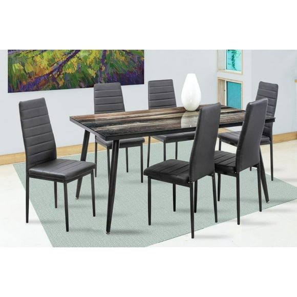 Comedor Tulum 6 Sillas en Negro Tubular y Cristal MOBILKRAFT Comedor Tulum 6 Sillas Negro Rectangular y Cristal, Estilo Contemporáneo en Color Negro